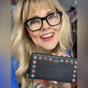 KATE SPADE Black Pebble Leather Wallet w/Multi-color Cabochon Stud Detail